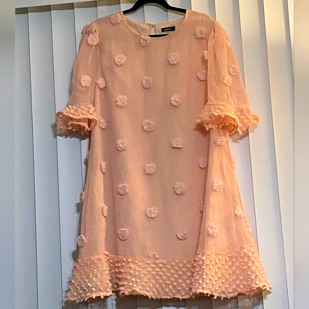 BooHoo Size 16 Peach Pink Dress Poms Ruffles Sheer